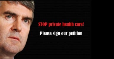 Premier Stephen McNeil and text saying Stop private health care, please sign our petition!