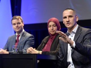 Spencer Chandra Herbert, Ausma Malik and Kevin Chief at the CUPE human rights conference