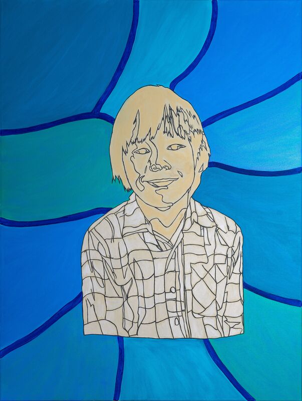 drawing of a young boy on a blue swirling background