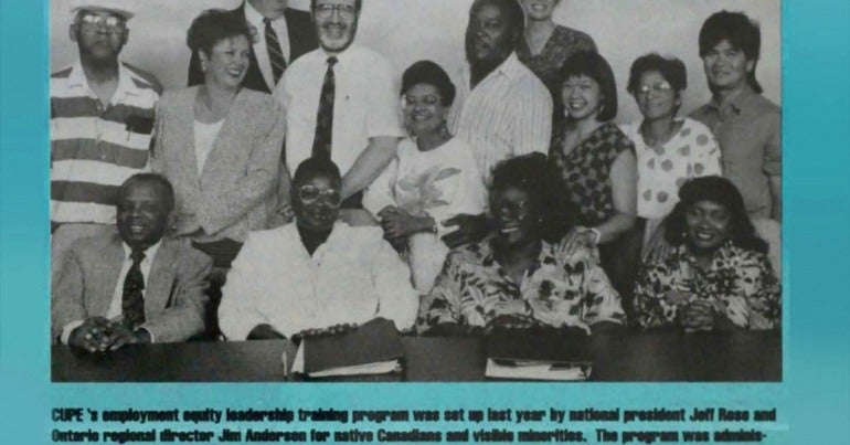 An old photo from a CUPE publication in the 90s with the first employment equity leadership program participants.