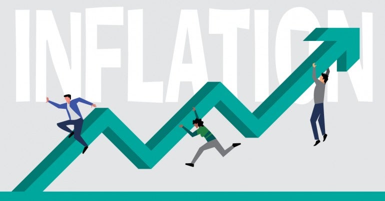 Cartoon image of a graph line with people holding on to it in front of the word inflation
