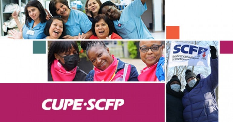 CUPE logo and images of women in CUPE holding banners and signs