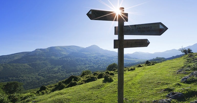 Road sign with three arrows on a mountain road