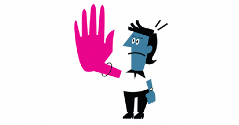 Cartoon of frowning person with blue skin holding up one exaggerated big pink hand in a stop motion