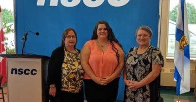 Louise Riley, Joll Provost and Nan McFadgen attend long-term care announcement in Kentville, NS