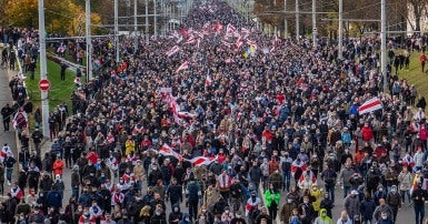 Protest rally against Lukashenko, 18 October 2020. Minsk, Belarus, By Homoatrox - Own work, CC BY-SA 3.0