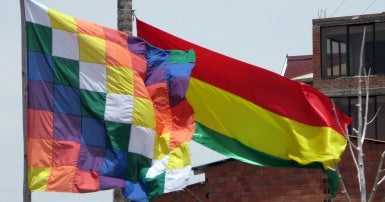 Image of checkered Wiphala Indigenous flag and red, yellow and green Bolivian flag 