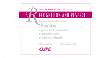 Certificate with Recognition and respect in white on a dark pink background
