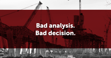 Black and white photo of the Champlain Bridge overlaid with a red rectangle and the words "Bad analysis. Bad Decision."