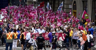 Very large crowd with pink flags in a city street, police and bicycles in the foreground.