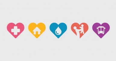 Series of colourful hearts, each with a white icon depicting a public service