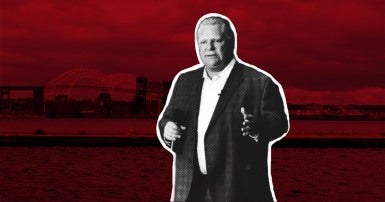Premier Doug Ford on a dark red background with a bridge in the background