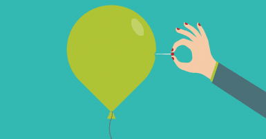 Turquoise background, bright green balloon, hand with red nail polish holding a pin with a red head pushing into the side of the balloon