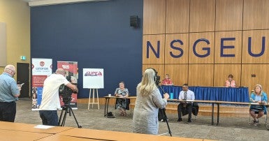 Nan McFadgen four other presidents of health care unions in Nova Scotia hold a news conference