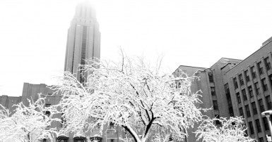 Photo en noir et blanc de l'Université de Montréal en hiver