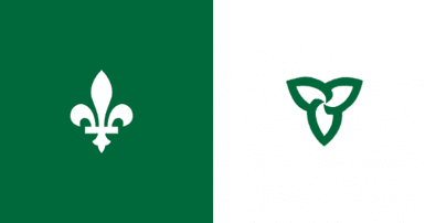 Franco Ontario flag, solid green background on left with white fleur-de-lys, white background on right with green trillium