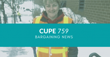 Web banner. Photo of female worker wearing a safety vest and holding a snow shovel. Text: CUPE 759 bargaining news.