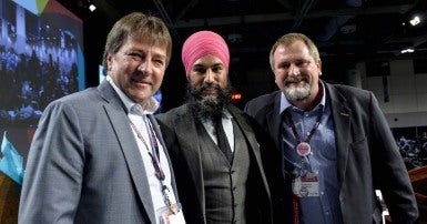 Jagmeet Singh, Mark Hancock and Charles Fleury