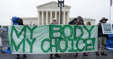 Banner: My body, my choice in front of US Supreme Court