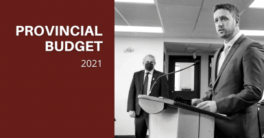 Web banner. Text: Provincial Budget 2021. Image: NS Premier Iain Rankin