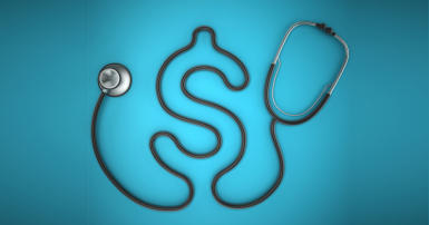 Stethoscope with its tubing in the shape of a $ on a blue background