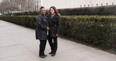 CUPE Regional Vice-President Yolanda McClean and CUPE National Secretary-Treasurer Candace Rennick outside UN headquarters. 