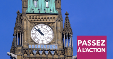 Horloge du Parlement avec le texte suivant "passez  à l’action"