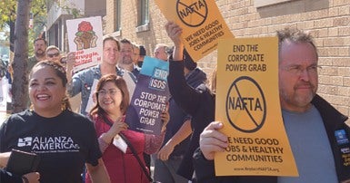 Protest outside the Mexican Consulate calling on the government of President Enrique Peña Nieto to listen to the demands of Mexico’s workers during the NAFTA renegotiations.