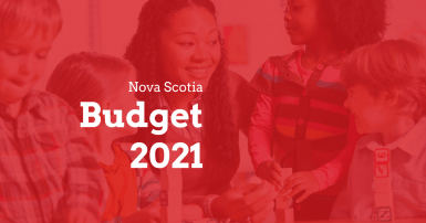 Web banner. Text: Provincial Budget 2021. Image: early childhood educator and four children