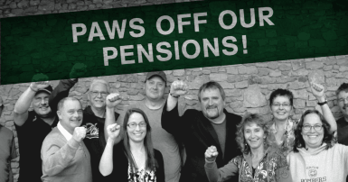 Black and white photo of a group of 10 people with their fists raised and a green banner above that says Paws off our pension