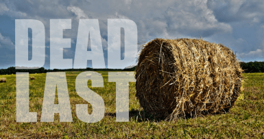 Hay bale with the words "dead last" in the landscape