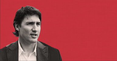 Photo of Justin Trudeau on red background.