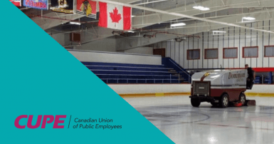 Web banner. CUPE logo and image of zamboni cleaning arena ice