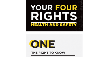 Your four rights poster White and yellow stacked text on black background: Your four rights, health and safety. One, the right to know