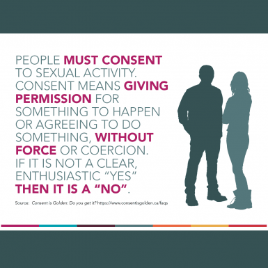 People must consent to sexual activity. Consent means giving permission for  something to happen or agreeing to do something, without force or coercion.  If it is not a clear, enthusiastic “yes” then it is a “no.”