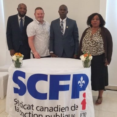 Pictured (left to right): CTSP President Jean Bonald Golinski Fatal, CUPE Regional Vice-President Richard Delisle, CTSP Secretary General Yvel Admettre,  CTSP Deputy Secretary General Yvette Gauthier Etienne.