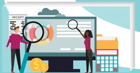 Cartoon of a tiny man and a tiny woman holding magnifying glasses up to a computer screen, with papers and a calculator