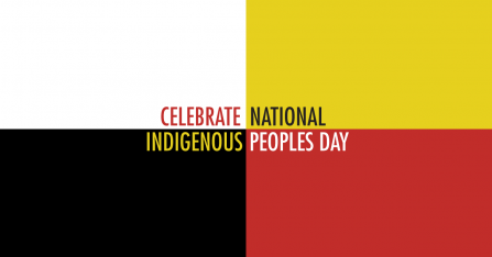 Celebrate National Indigenous Peoples Day text on white, yellow, black, red background