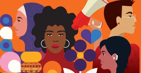 Illustration of various women and gender diverse people with flowers and an orange background