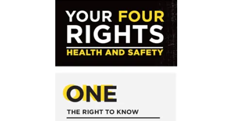 White and yellow stacked text on black background: Your four rights, health and safety. One, the right to know