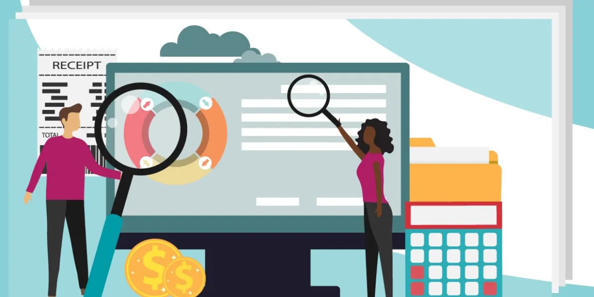 Cartoon of a tiny man and a tiny woman holding magnifying glasses up to a computer screen, with papers and a calculator