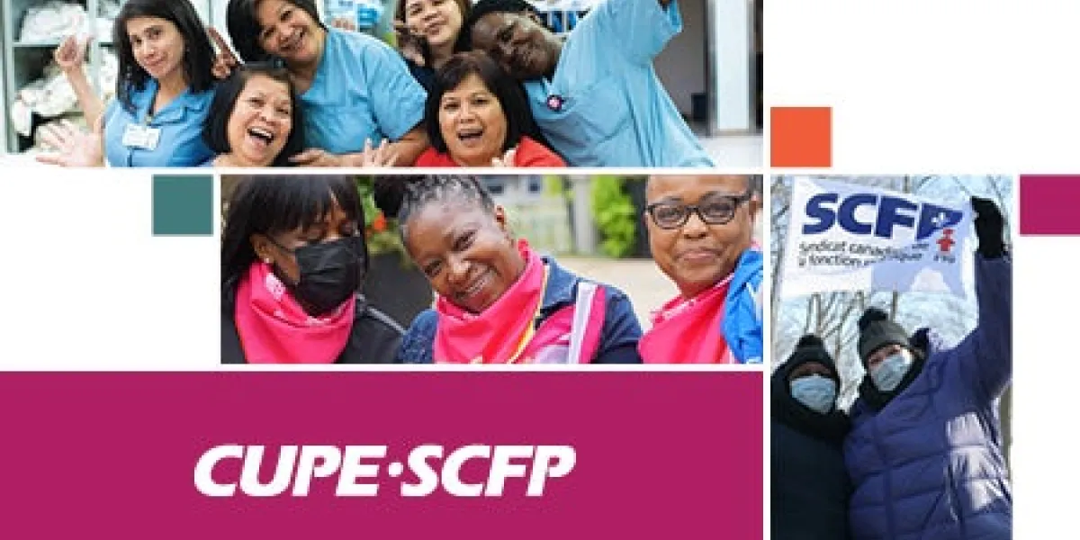 CUPE logo and images of women in CUPE holding banners and signs
