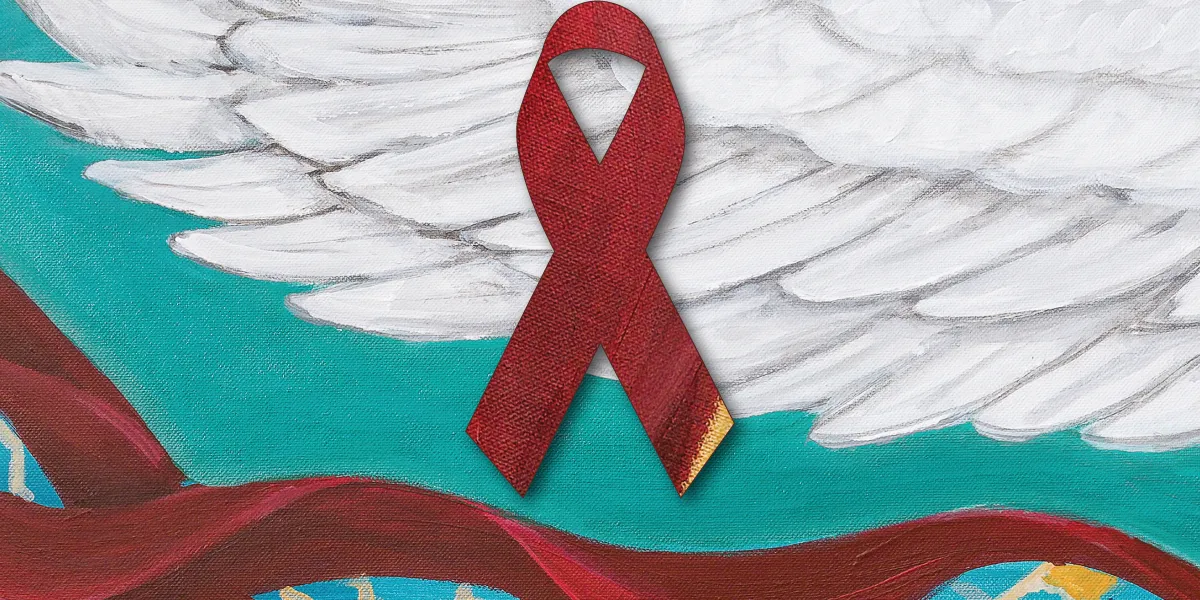Red ribbon on a blue background with a white wing 