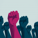illustration of raised blue fists with one deep pink fist in the middle