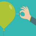 busting myths Turquoise background, bright green balloon, hand with red nail polish holding a pin with a red head pushing into the side of the balloon