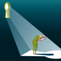 Myth buster : the corporatization of post-secondary education Minimalist illustration of a man in a suit looking through a magnifying glass at a keyhole