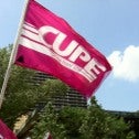 Pink CUPE flag against a blue sky