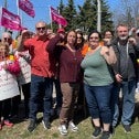 CUPE National President Mark Hancock and MPP Jeff Burch with striking workers