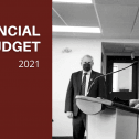 Web banner. Text: Provincial Budget 2021. Image: NS Premier Iain Rankin