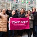 CUPE delegation members outside UN HQ (L-R): Veriline Howe, CUPE 2191 Vice-President; Stacey Connor CUPE 2073 President; Candace Rennick, CUPE Regional Vice-President for Ontario; Annick Desjardins, Executive Assistant to CUPE’s national president; Kelti 